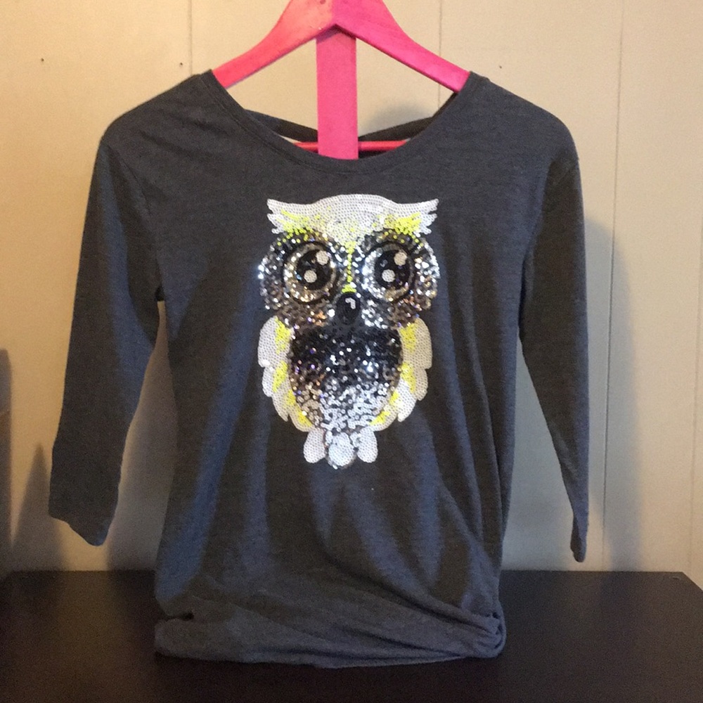 Justice owl sequin kids shirt.